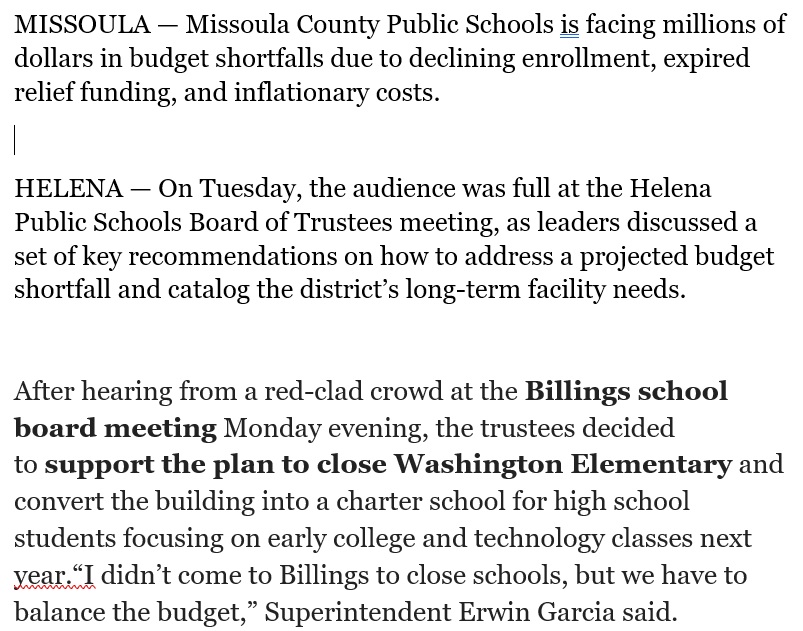mattvolz's tweet photo. Montana public schools are NOT ok. Budget shortfalls everywhere, despite a $2.5B state budget surplus. https://t.co/D9DJDx9kA4