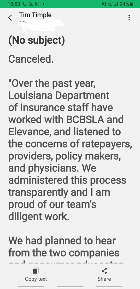MarthaHuckabay's tweet photo. #elevance woke agenda canceled! 

Good work Louisiana citizens! Good work @LacagOrg and Louisiana Sunshine, the Womens Republican Club of New  Orleans, and a special special shout out to Laura Vincent and her praying ladies. 👏

Bluecross Blueshield sale Canceled. 

"Over the past year, Louisiana Department of Insurance staff have worked with BCBSLA and Elevance, and listened to the concerns of ratepayers, providers, policy makers, and physicians. We administered this process transparently and I am proud of our team’s diligent work.
 
We had planned to hear from the two companies and consumer advocates during today's hearing to address important questions raised by policyholders, Louisiana Department of Insurance experts and the Louisiana Legislature.  However, as of this morning the parties have elected to withdraw their application. There are serious questions that require answers to provide protections and safeguards for Louisiana ratepayers & providers. The withdrawal of the application forecloses any further consideration of this matter.
 
I am grateful for the level of consideration brought to this process by Governor Landry, Chairman Talbot and the Senate Insurance committee, Chairman McMath and the Senate Health & Welfare committee, and other key stakeholders. Most importantly, the Louisiana Department of Insurance received numerous public comments on this proposed transaction from members of the public, and I want them to know I read, considered, and appreciated what they had to say.
 
I have and always will stand on the side of Louisiana ratepayers and am honored to always have their backs."

Tim Temple Louisiana Insurance Commissioner 

@JeffLandry 
@SpeakerJohnson
@jeffcrouere 
@huck_nola 
@EpochTimes 
@gatewaypundit 
@AP
@theadvocateno
@BigEasyConserv
@theadvocatebr
@FOX8NOLA
@foxnation @528_Herts
@17Seventy6_
@AAnon55