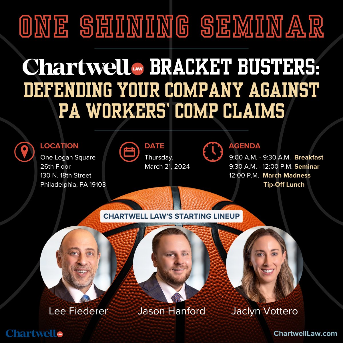 Join Chartwell’s #PA #WorkersCompensation team for an informative seminar aimed at addressing emerging issues and prominent problems being seen in PA Workers’ Compensation Claims.

Register TODAY at conta.cc/49fkAUn!

#ChartwellLaw #WorkersComp #Seminar #MarchMadness