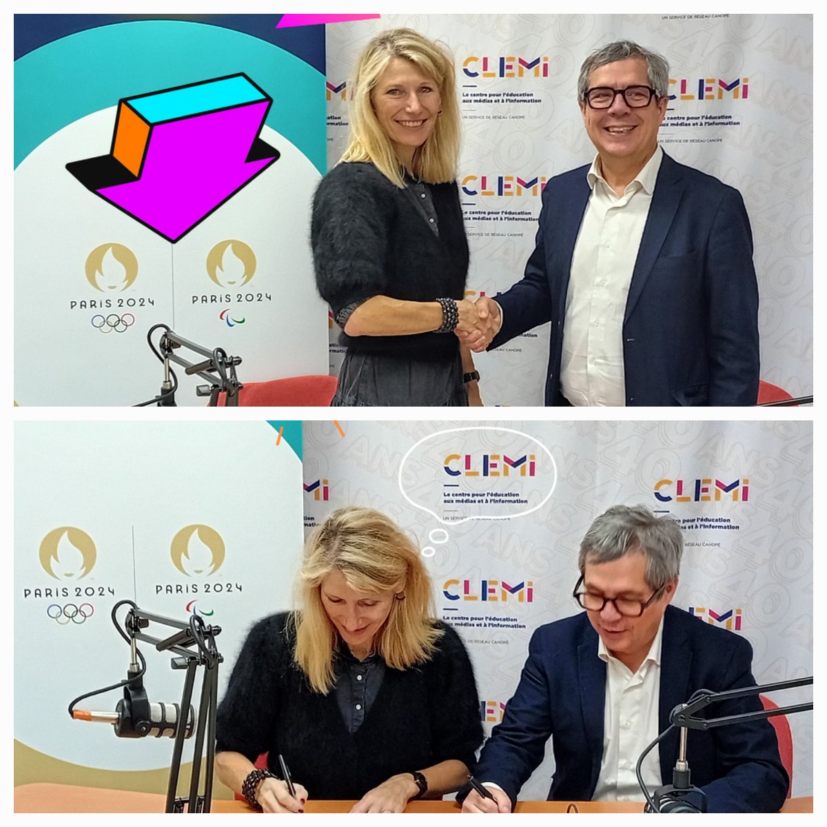 Partenariat <a href="/Paris2024/">Paris 2024</a>🤝#CLEMI pour consolider/valoriser les dispositifs/formations/ressources #Génération2024↔️ #ÉducMédiasInfo🎧avec 
<a href="/usepnationale/">USEP nationale</a> 
<a href="/unss/">UNSS_National</a> 
<a href="/UGSELnationale/">UGSELnationale</a> 
<a href="/mlfmonde/">Réseau mlfmonde</a> 
<a href="/aefeinfo/">AEFE</a> 
Une convention🔝pour #heritage et #avenir Citoyen🎙️
📲🖥️clemi.fr/fr/evenements/…