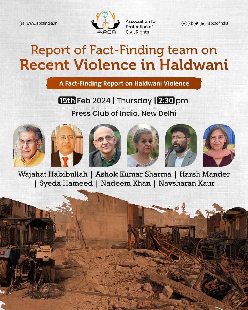 📢 Media Alert 📢 Join us at the Press Club of India tomorrow at 2:30 pm for the release of the fact-finding report on the Haldwani Violence. Your presence is crucial in shedding light on this pressing issue. 

#PressConference #HaldwaniViolence #FactFinding
