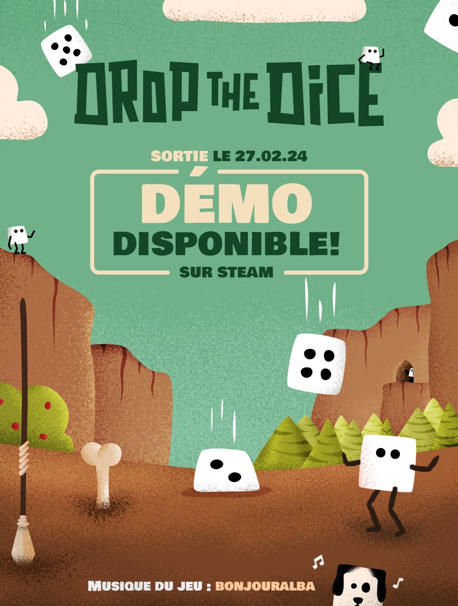 Ça se précise ! La démo de Drop the Dice est dispo sur steam, et le jeu sortira le 27 février 2024 ! J'espère que ça vous plaira 🎉

🔗 store.steampowered.com/app/2666360/Dr…

Partagez, sinon un canard chauve avec des énormes palmes viendra vous hanter la nuit.
#IndieGameDev