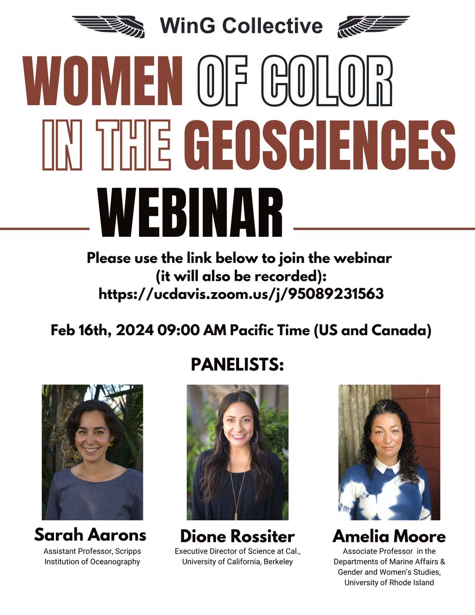 Join us for the WinG Collective launch! A grassroots group to support women/femmes of color in the Geo- & Environmental Sciences. Our panelists: Drs. Sarah Aarons, Amelia Moore, & @dioneleetweets. @aapigeosci @BlkinGeoscience @GeoLatinas @Official_BWEEMS ucdavis.zoom.us/j/95089231563