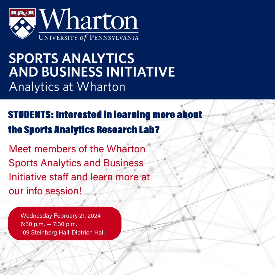 Are you a @Penn student with a passion for #sports, #data, & #statistics? Come to our info session on 2/21 — to learn more about the Sports Analytics Research Lab, a paid, 9-week opportunity honing your skills in the field of #sportsanalytics. Register : whr.tn/49AyNuZ