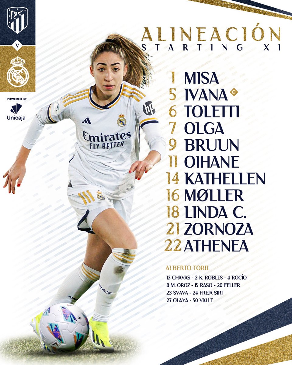 realmadridfem's tweet photo. 📋✅ ¡Nuestro 𝗫𝗜 inicial!
🆚 @AtletiFemenino
@UnicajaBanco | #LigaF https://t.co/VFdlmZWCuh