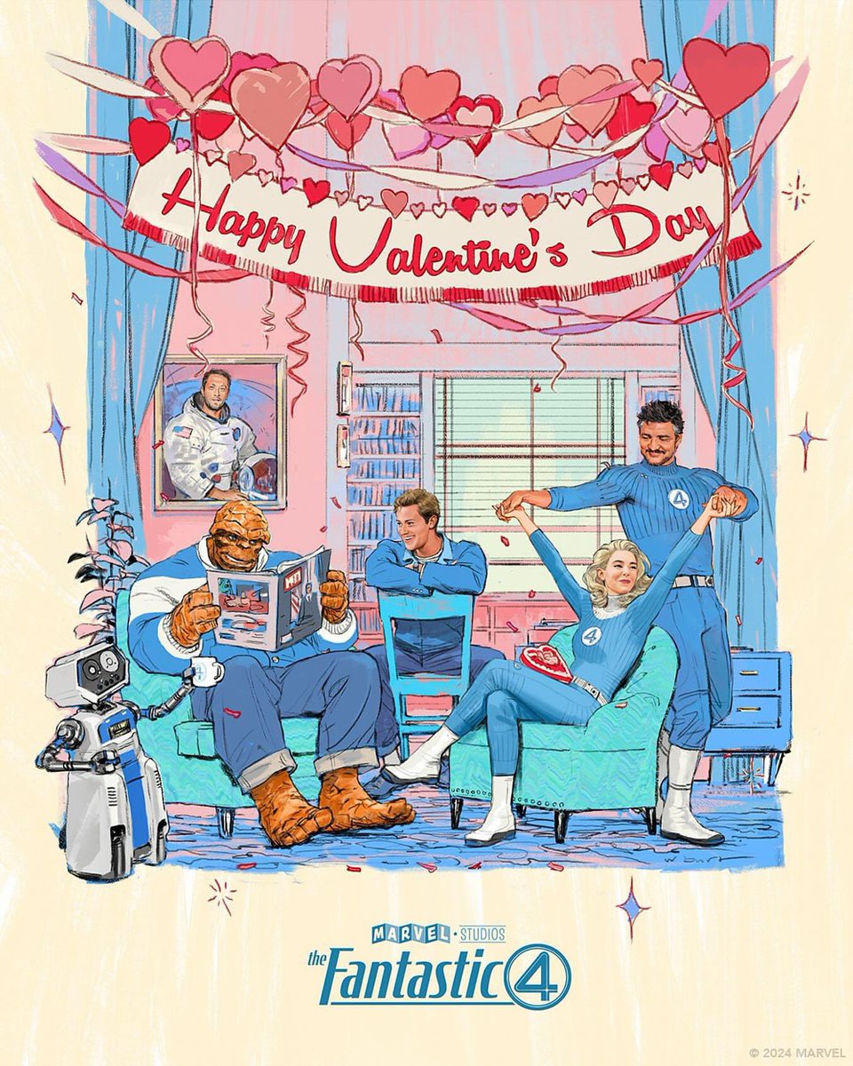WaynoReacts's tweet photo. First Poster for Marvels #FantasticFour says #HappyValentinesDay from #MarvelStudios

Official Cast:
Pedro Pascal as Reed Richards
Vanessa Kirby as Sue Storm
Joseph Quinn as Johnny Storm
Ebon Moss-Bachrach as Ben Grimm https://t.co/oHOz86uOcm