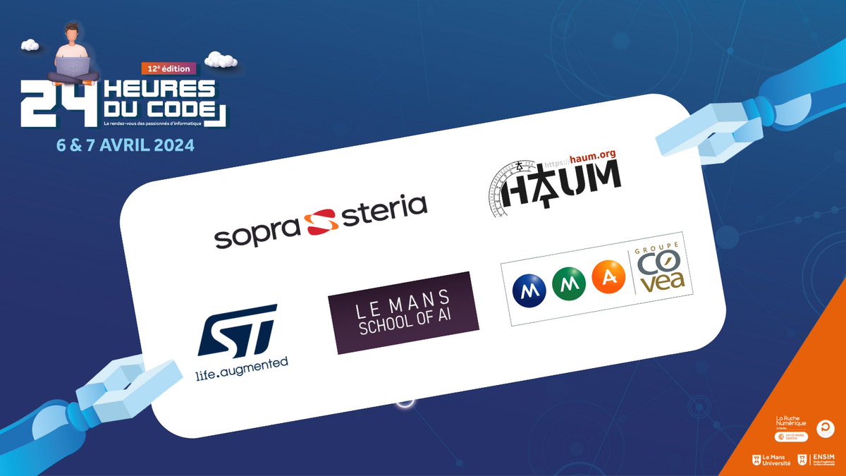 24HDUCODE | Co-organisateurs scientifiques💻

Cette année pour l'édition 2024, il y aura 5 sujets 🔥
Merci à @soprasteria, @st_france_news, le <a href="/haum72/">HAUM</a>, Le Mans School of AI et à @mmassurances 😍

👉Rdv le 6.04 pour découvrir leurs défis !
 #24hducode2024 #hackathon