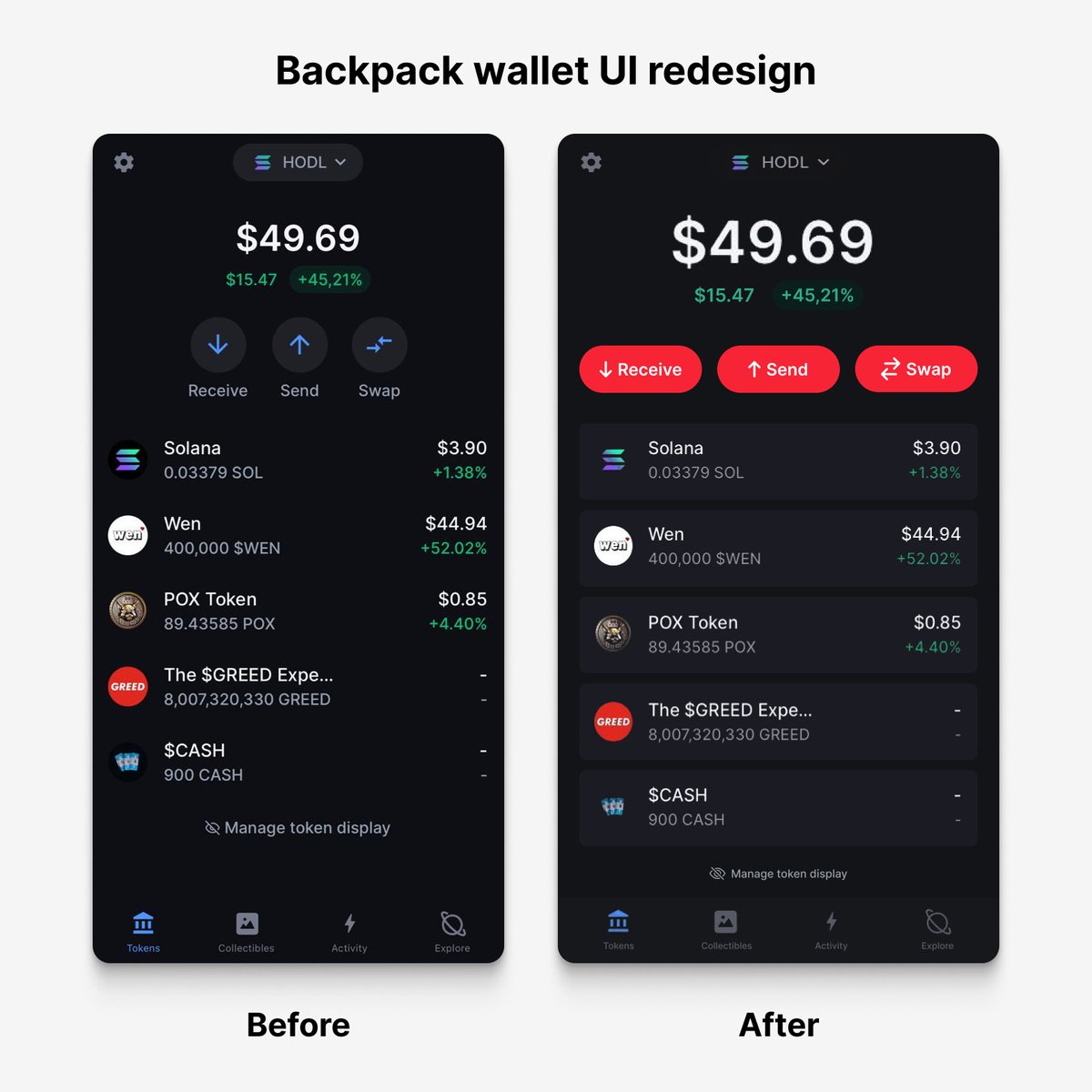 Been using <a href="/Backpack/">Backpack 🎒</a> as my main wallet and thought I could give it some UI improvements,

The goal is to give the wallet more character, better readability and use the backpack logo colors inside the wallet.

lmk what you think 👇