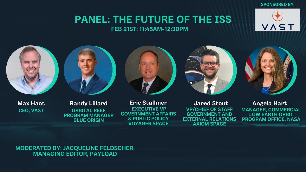 We're pleased to announce the distinguished panelists of the Future of the ISS Panel with Max Haot @vast, Randy Lillard @blueorigin, Eric Stallmer @VoyagerSH, Jared Stout @Axiom_Space, and Angela Hart @NASA. Registration closing tomorrow: cstconference.space