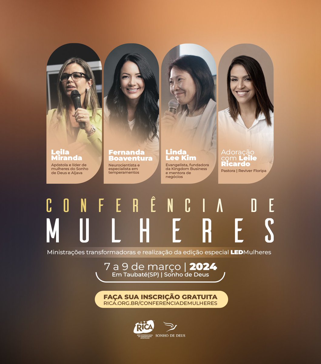🔥 De 07 a 09 de março - CONFERÊNCIA DE MULHERES! Viveremos 3 dias proféticos de ministrações profundas para equipar você, mulher! 🟣

📍 LINK DE INSCRIÇÃO GRATUITA:
rica.org.br/conferenciadem…

Esperamos vocês! Convide uma amiga!
#Mulheres #Conexão