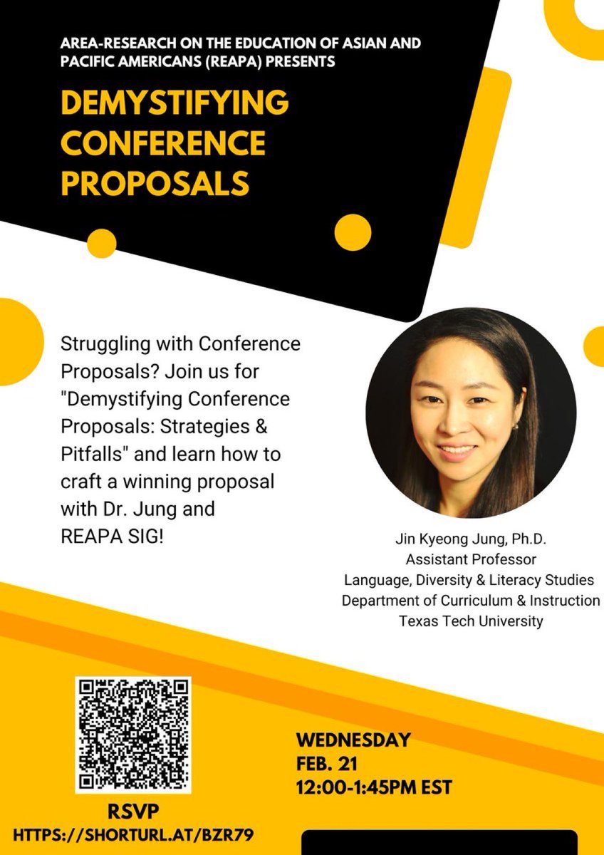 AERA-REAPA Graduate Students (@reapagrads) on Twitter photo Are you struggling with a conference proposal? Have no fear! Join <a href="/REAPA_SIG/">AERA REAPA-SIG</a> and Grad Reps for our event next week on “Demystifying Conference Proposals” with Dr. Jin Kyeong Jung. RSVP now!! Event will be Feb. 21 at 12PM EST.
shorturl.at/bzR79 Are you struggling with a conference proposal? Have no fear! Join <a href="/REAPA_SIG/">AERA REAPA-SIG</a> and Grad Reps for our event next week on “Demystifying Conference Proposals” with Dr. Jin Kyeong Jung. RSVP now!! Event will be Feb. 21 at 12PM EST.
shorturl.at/bzR79