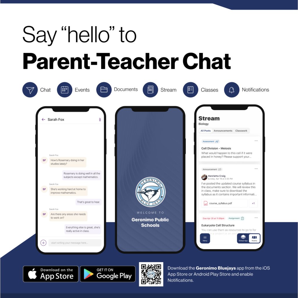 geronimo_high's tweet photo. If you haven't signed up for Rooms, you should be receiving an invite via text today for phone number login! After you sign up, don't forget to download the app and click Rooms in the bottom right-hand corner to communicate with your child's teacher! https://t.co/fZfaX9DB5k