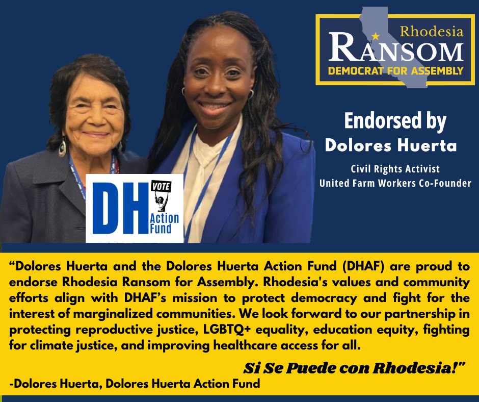 RhodesiaRansom's tweet photo. 🌟 Proud to announce that  Dolores Huerta and the Dolores Huerta Action Fund have endorsed Rhodesia Ransom for Assembly! 🎉 "Si Se Puede con Rhodesia". 

#RhodesiaRansom #DoloresHuerta #DHAF #SiSePuedeConRhodesia https://t.co/M2OrvEsp8X