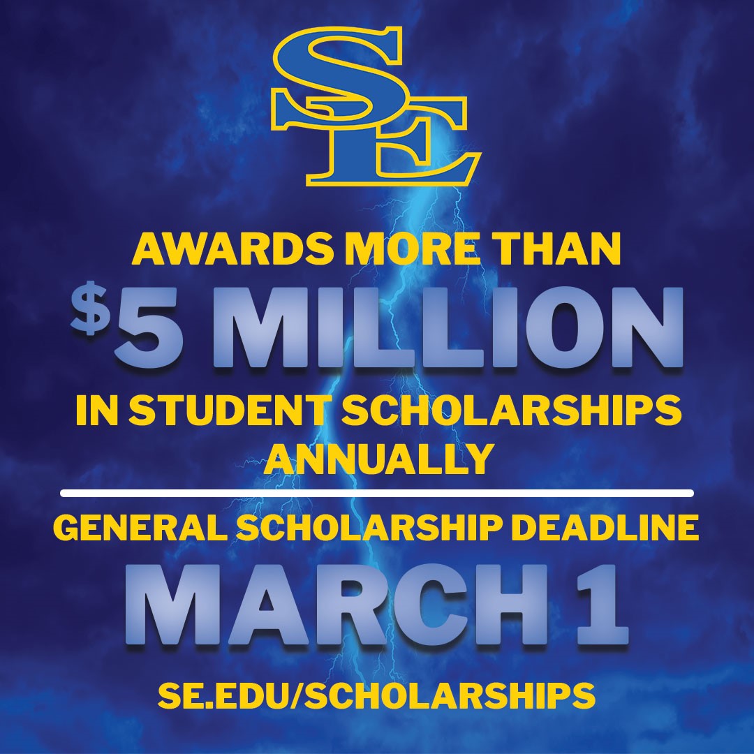 Did you know? Southeastern awards more than $5 MILLION in student scholarships annually! All current and incoming Southeastern Students can apply for the General Scholarship Application is due by March 1st - Apply NOW! se.edu/financial-aid/… #TexomasUniversity JUST NOW