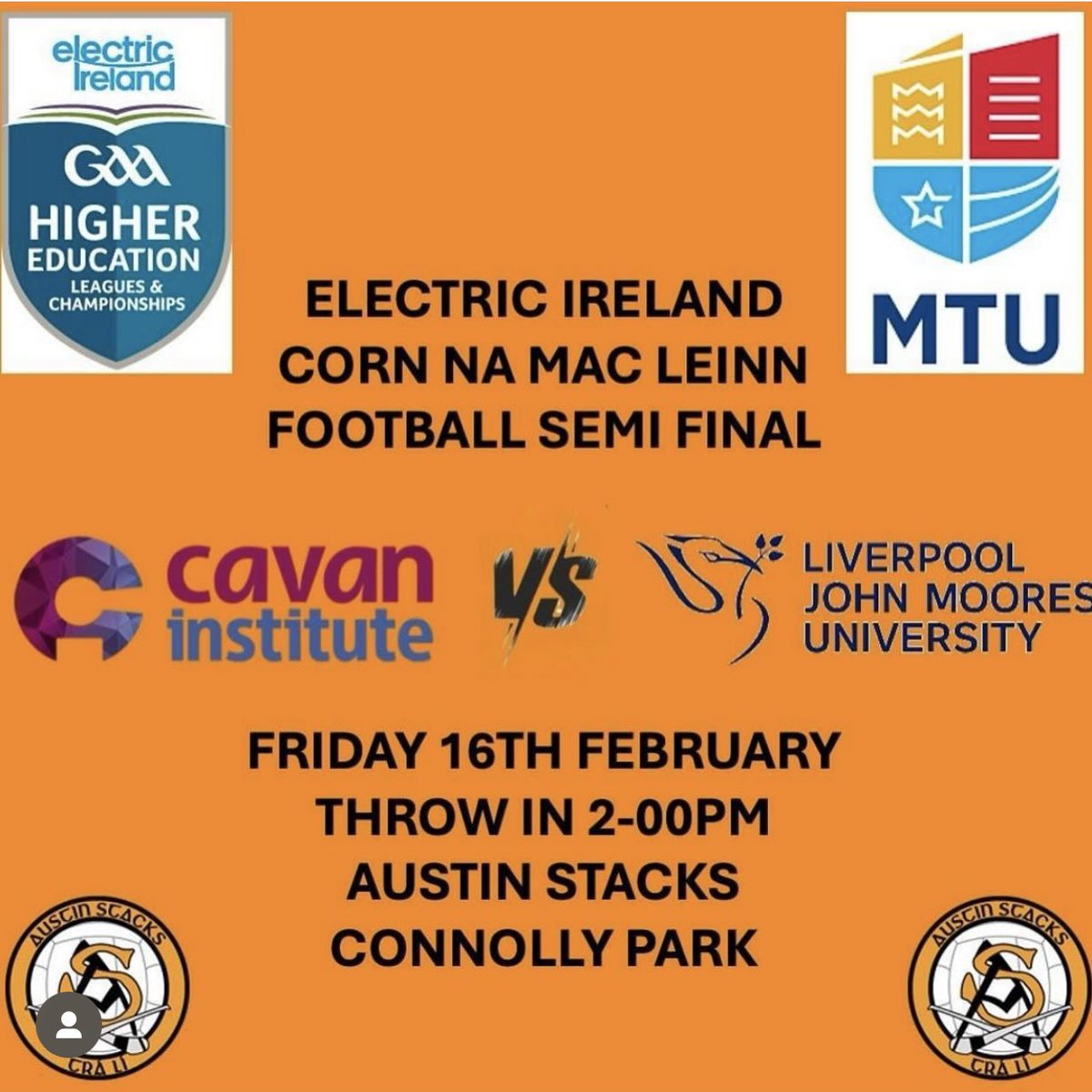 LJMU GAA (@gaa_ljmu) on Twitter photo Our Men’s team play <a href="/CavanInstitute/">Cavan Institute</a> at <a href="/AustinStacksGAA/">AustinStacksGAA</a> Connolly park at 2PM in the CORN NA MAC LEINN Football Semi Final.
Friday 16th February.
<a href="/TeamLJMU/">Team LJMU</a> <a href="/ljmu_sport/">LJMU Sport & Physical Activity</a> <a href="/johnmooressu/">JMSU</a> Our Men’s team play <a href="/CavanInstitute/">Cavan Institute</a> at <a href="/AustinStacksGAA/">AustinStacksGAA</a> Connolly park at 2PM in the CORN NA MAC LEINN Football Semi Final.
Friday 16th February.
<a href="/TeamLJMU/">Team LJMU</a> <a href="/ljmu_sport/">LJMU Sport & Physical Activity</a> <a href="/johnmooressu/">JMSU</a>