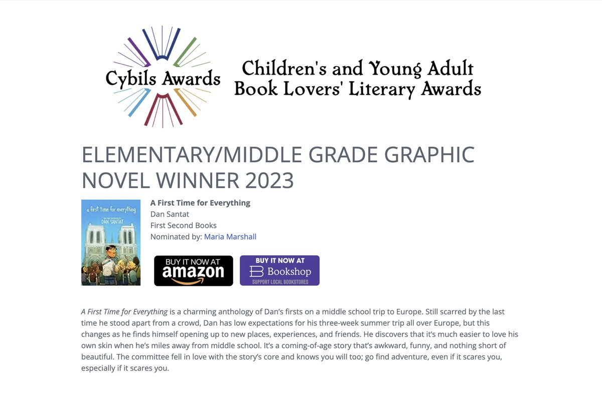 Honored that A FIRST TIME FOR EVERYTHING has won the @CybilsAwards for Best Elementary/Middle Grade Graphic Novel for 2023. ❤️🙏 @01FirstSecond @MacKidsBooks