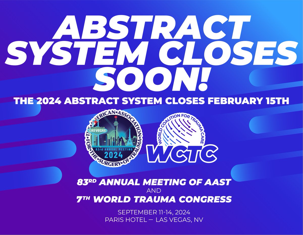 Final call🎉 Only 1 day left to submit your abstract for #AAST2024. Your opportunity to shine among the best is now. Submit before it's too late and set the stage for an extraordinary chapter in your career⬇️ aast.org/annual-meeting… #SoMe4Surgery #MedStudent #SoMe4Trauma