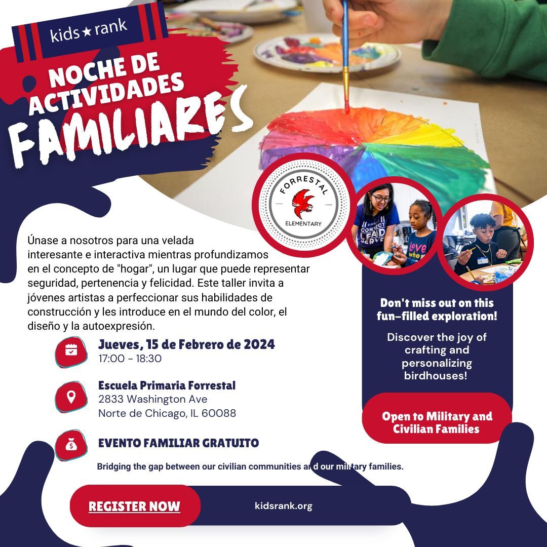 If your military kid is at Forrestal Elementary or you're a North Chicago resident looking to connect with and support your military neighbors, join us for an engaging night of family fun! Desliza para español.