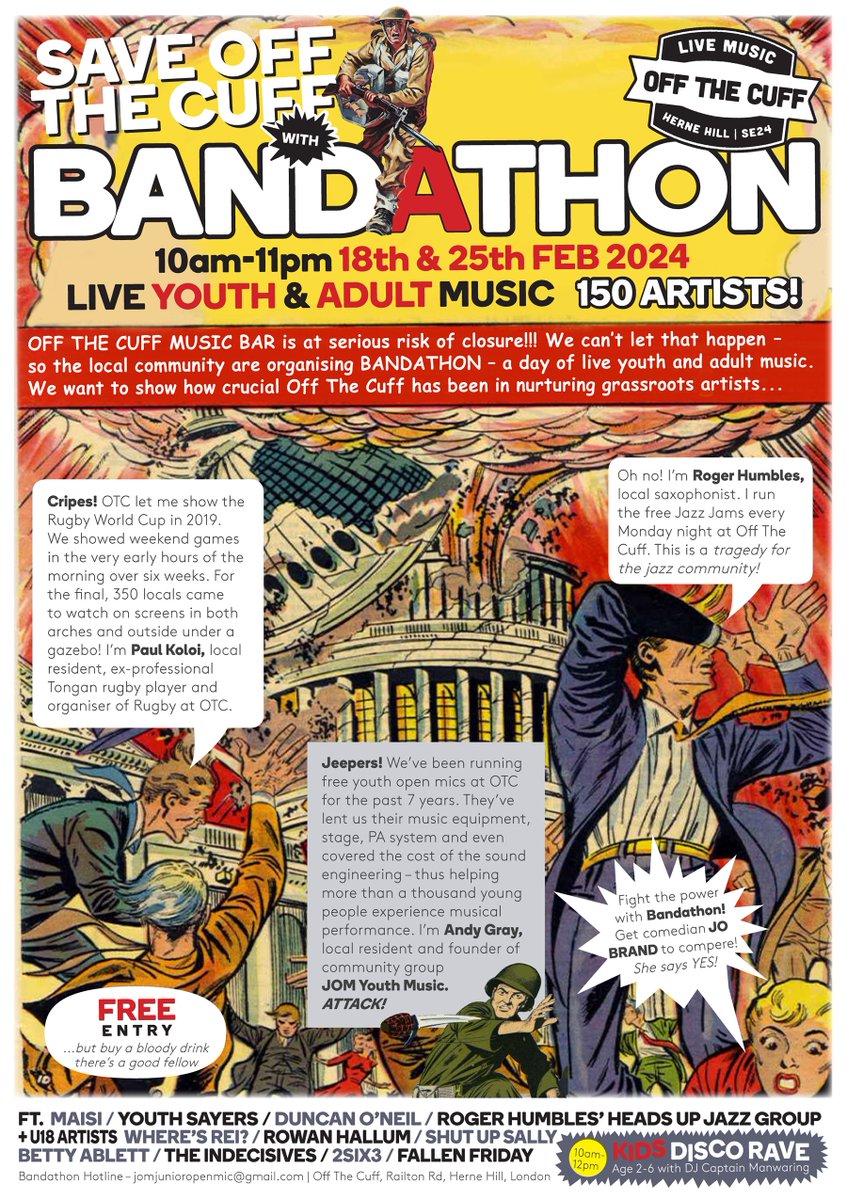 hernehillforum's tweet photo. This Sunday, head to @OTC_Live for an epic Bandathon to raise awareness of the potential closure of Herne Hill's  much-loved music venue. 10am - 11pm, free entry but please support the event by buying a drink! #HerneHill #grassrootsmusic #junioropenmic https://t.co/PYge1UTHp8