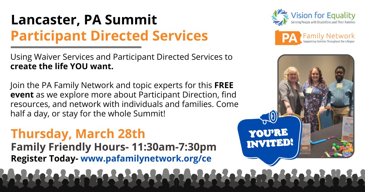 pafamilynetwork's tweet photo. Join us in Lancaster on March 28th to learn about using Waiver Services and Participant Directed Services to create the life YOU want. 

For more information and to register for one of the Summits- https://t.co/IXHhz015Tq https://t.co/NArhlcEoVe