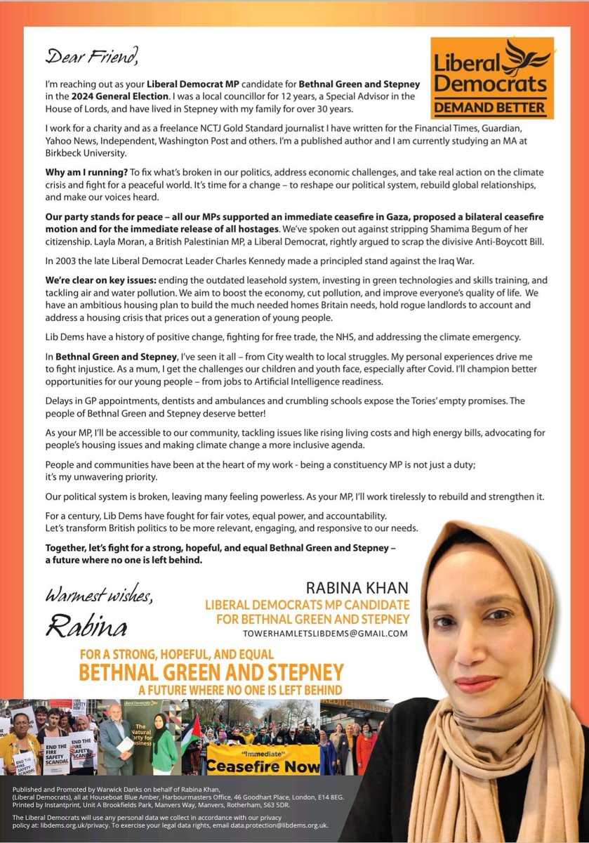 We are wishing Bethnal Green and Bow ( @THLDs ) @LibDems @LondonLibDems PPC @RabinaKhan the best of luck in the upcoming general election. We could see a significant increase in the @LibDems vote share @themuslimvoteuk
