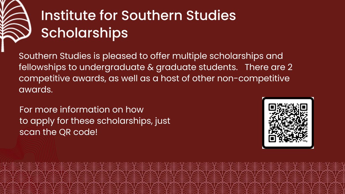Did you know that Southern Studies has a host of scholarships for undergraduates and one for graduate students?  Well, now you do!  

💵💵 --&gt; bit.ly/SOSTscholarshi…