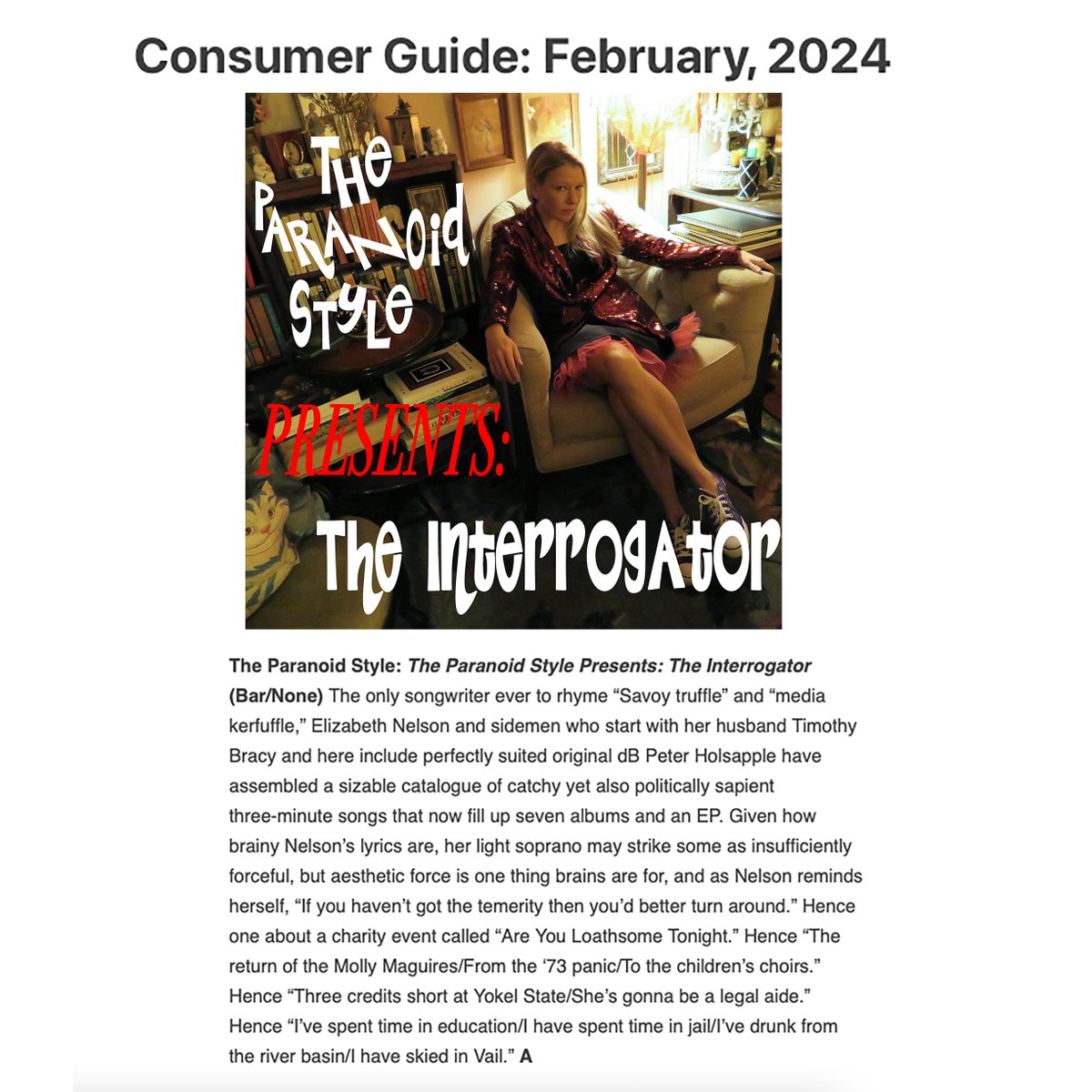 It will always be a massive honor to receive an A grade from Robert Christgau in his Consumer Guide! Thanks to the Dean for his rave review of The Interrogator! If you aren't a subscriber to his substack, my highest recommendation is to remedy that. He's still the best we've got.