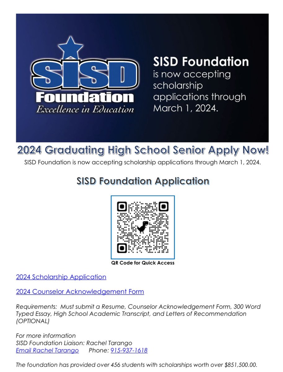SISD_Herrera's tweet photo. Apply NOW Seniors💰 

Deadline: March 1🚨

$3️⃣,0️⃣0️⃣0️⃣ per scholarship  
- a total of $1️⃣1️⃣4️⃣,0️⃣0️⃣0️⃣ to our      
                                         Class of 2️⃣0️⃣2️⃣4️⃣

6️⃣ Scholarships per High School 
1️⃣ Scholarship Options HS
1️⃣ Mission Early College HS https://t.co/9WxnMvE15Y
