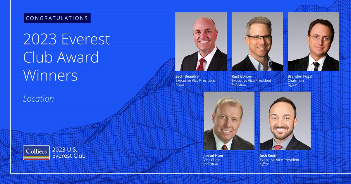 Celebrating Success! 🏔️ Colliers Utah is proud to recognize Zach Beaudry, Rusty Bollow, Brandon Fugal, Jarrod Hunt & Josh Smith as 2023 'Everest Club Honorees.' Congratulations on their superb brokerage results! 🏆👏 #ColliersEverestClub #AccelerateSuccess