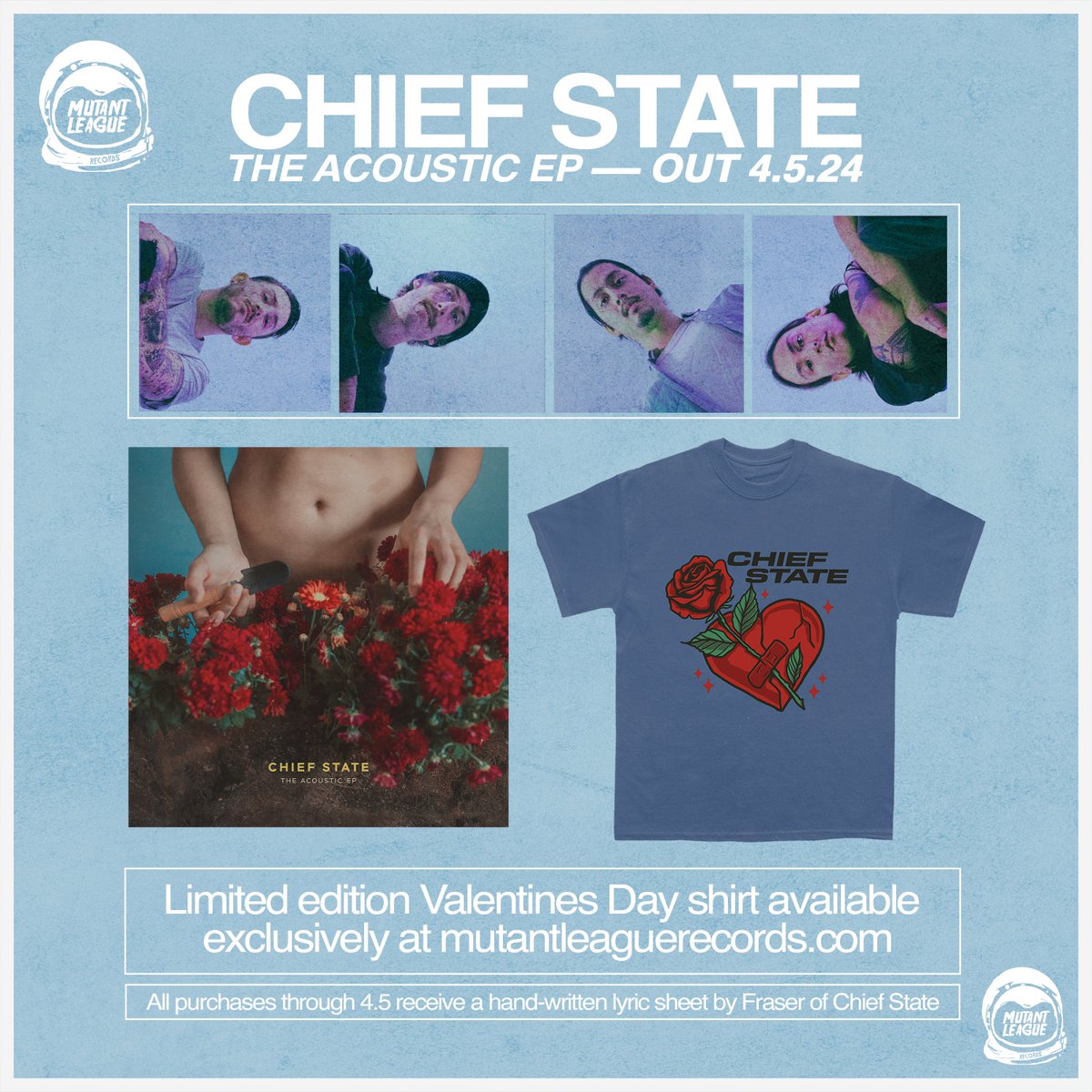 @chief_state ALSO just dropped an exclusive Valentine's Day-themed shirt design available now; all orders placed from now until April 5th will include a handwritten lyric by Fraser of Chief State! Purchase the limited Chief State 'Valentine's Day' Shirt: tinyurl.com/5dzfyzs8