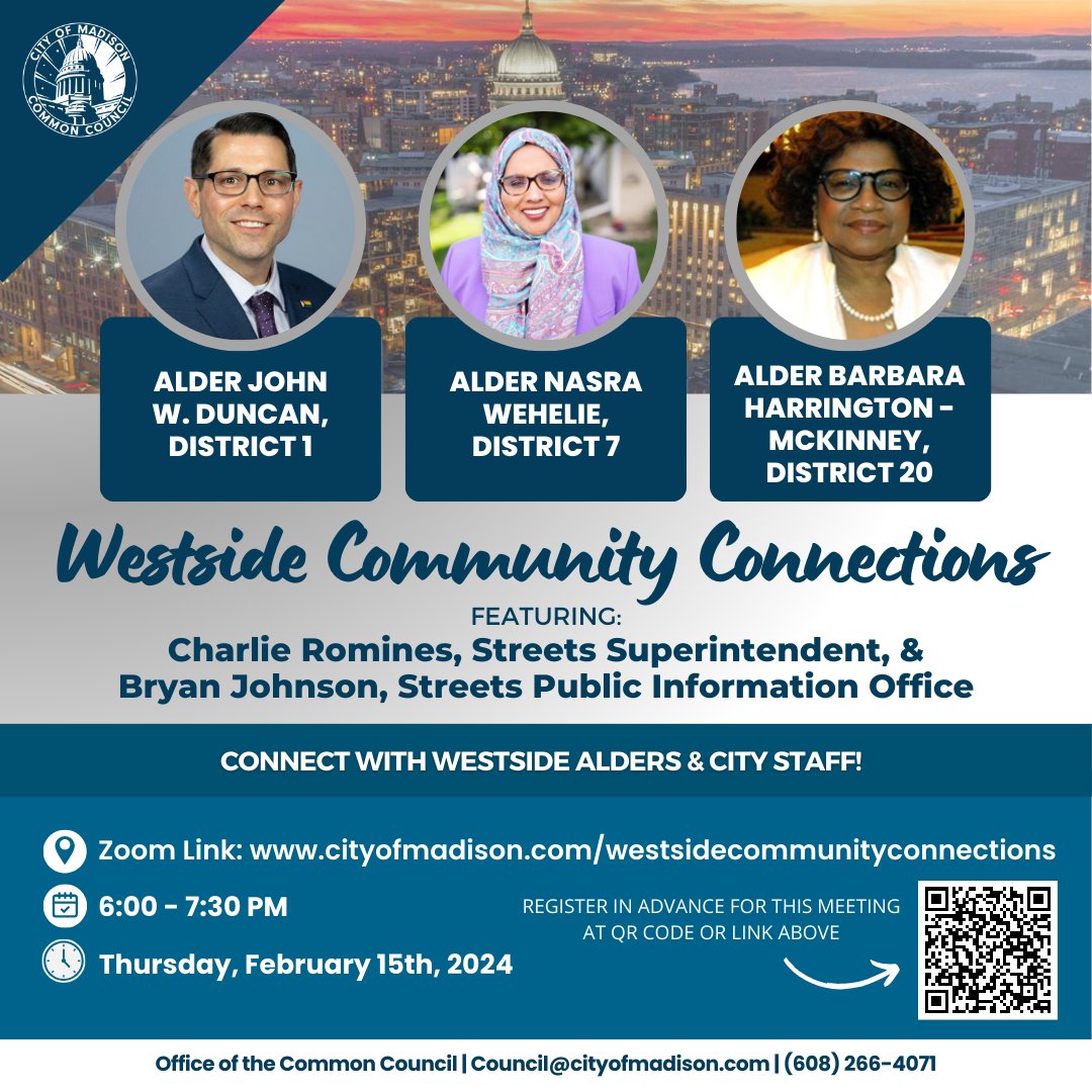 Join Alder Wehelie, Alder Duncan, and Alder Harrington-McKinney tomorrow, 02/15/24, as they host Charlie Romines & Bryan Johnson, from the Streets Division, who will present on winter weather policies and practices, with a Q&A at the end. Register here-> cityofmadison.com/westsidecommun…