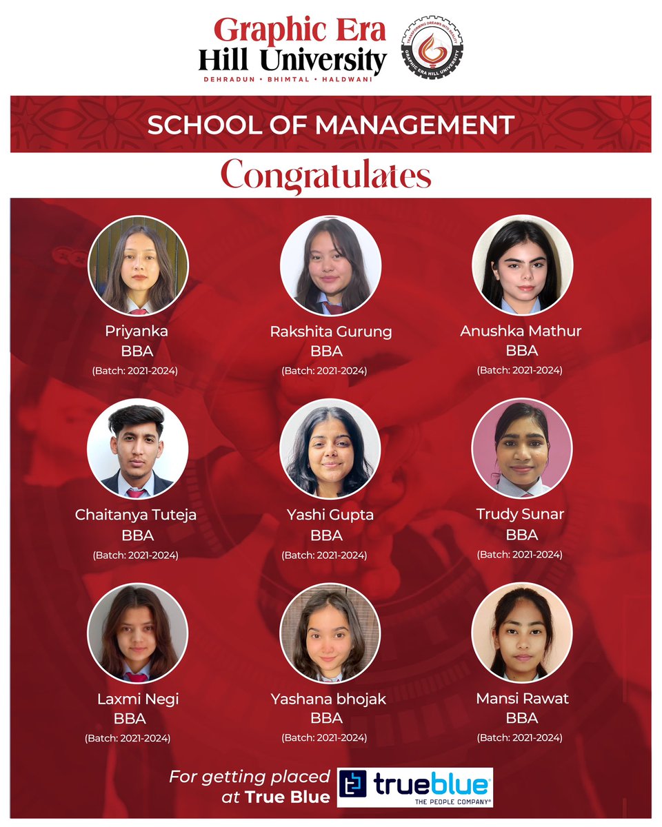 gehudehradun's tweet photo. ππ Graphic Era Hill University proudly congratulates its #BBA graduates for getting placed at @TrueBlue and embarking on their journey to success! Wishing you all the best as you navigate the job market and embrace new opportunities! π
#GEHU #BBAPlacement #CareerGrowth #FutureLeaders #ProfessionalSuccess #DreamsToReality