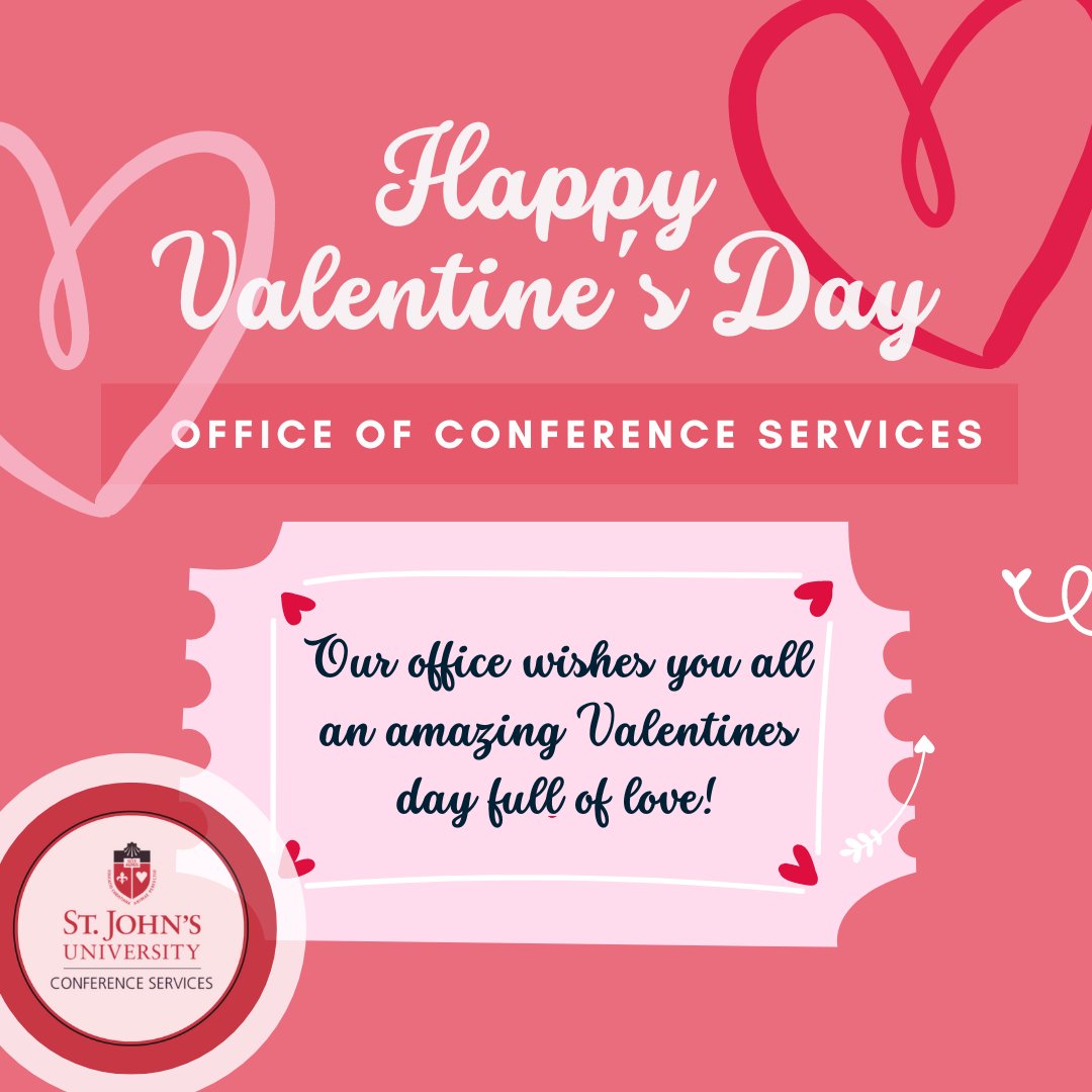 SJUConfServices's tweet photo. Happy Valentine's Day from all of us at Conference Services! 🌹💖 Wishing you a day filled with love, joy, and unforgettable moments. Whether it's a conference or a celebration of love, we've got you covered! 🥂❤️ #ValentinesDay #SJUConferenceServices #StJohnsUniversity https://t.co/wsw56cgy7I