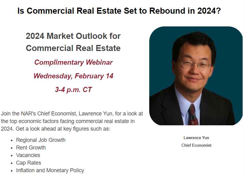 ccim's tweet photo. Join the @nardotrealtor's Chief Economist, Lawrence Yun, for a member's exclusive webinar on the top economic factors facing commercial real estate in 2024 happening today from 3-4 p.m. CST.  

Register here: https://t.co/IVmHEU41NM 

#TheCCIMInstitute #CCIM #powerofthePin https://t.co/qcmrUapHZ1