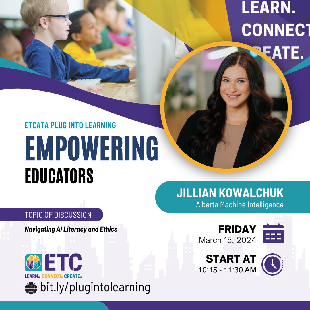 🌟 Excited to feature Jill Kowalchuk at 'Plug Into Learning'! From teacher to PhD student & AI Education Advisor, she's leading a crucial workshop on AI ethics & literacy in K-12 education. 
🛠️ Equip yourself to shape the future of ethical AI use in classrooms! #PlugIntoLearning
