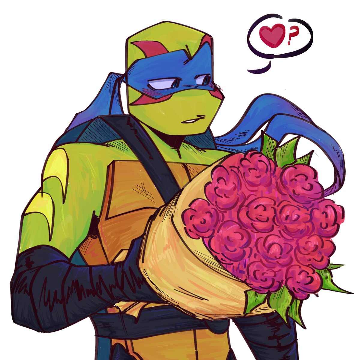 Coffe_sugar_'s tweet photo. Will he accept the flowers? 

Happy Valentines!💖(I always love drawing these silly ones)
#rottmnt #leosagi https://t.co/WHH06tYmny