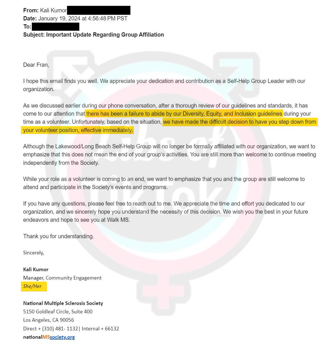 UNREAL. National MS Society (@mssociety) forced a 90-year-old volunteer to step down because she wasn’t “inclusive” enough after she asked what pronouns are. Fran volunteered for 60 years and her late husband had MS. The @mssociety still hasn’t said a word about this. Don’t…