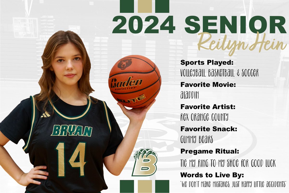 BryanGirlsBB's tweet photo. Meet the seniors! First up, #14 Reilyn Hein. Reilyn has been with the program for 2 years and plans to attend college and study Biological Sciences or Molecular and Biomedical Biology https://t.co/LkrdTxttEq