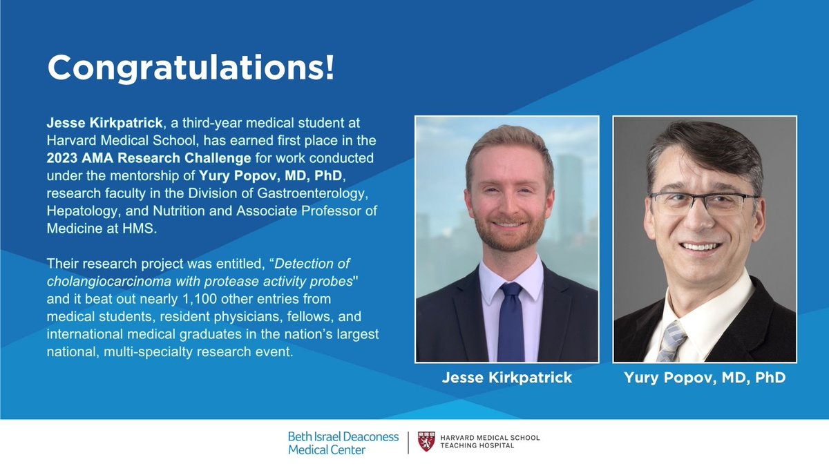 🏆🥇 Congratulations to Jesse Kirkpatrick and mentor Yury Popov on winning first place in the @AmerMedicalAssn Research Challenge! Their exciting project was entitled, “Detection of cholangiocarcinoma with protease activity probes.'' Learn more: bit.ly/49xjJyc