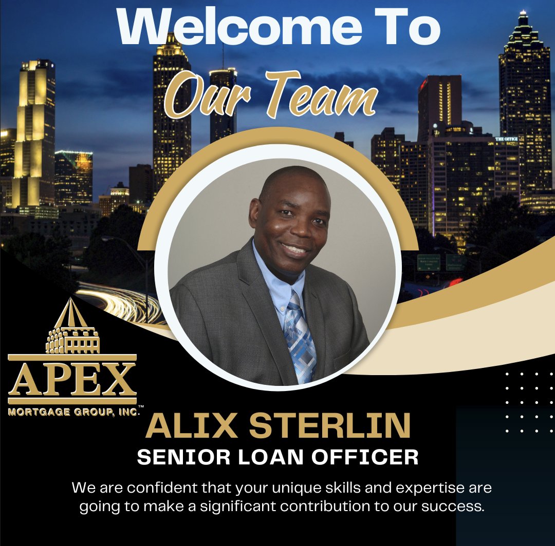 We are pleased to introduce Mr. Alix Sterlin, who has recently joined our Apex Mortgage Group family in the Atlanta market. We have high expectations for his remarkable achievements! Welcome to the Apex Family Alix! #HereWeGrow #TimeKillsDeals #StrongerTogether #JoinAMG