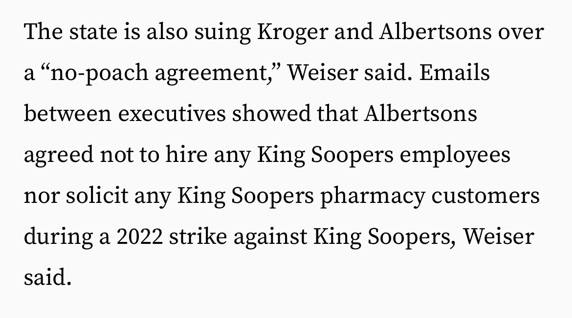 And very big news here. Turns out Kroger and Albertsons used a “no poach” to crush worker power during @UFCW_7’s important strike in 2022. @TowardsJustice has been proud to stand with the union in calling for FTC and AG action. This is a bold and hugely important step.