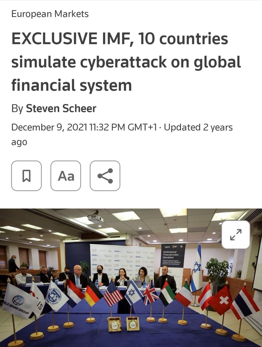 'CYBERATTACK' PSYOP INCOMING - EVENT 2024: #BLAMERUSSIA 'EXCLUSIVE IMF, 10 countries simulate cyberattack on global financial system | Reuters' 'JERUSALEM, Dec 9 2021 (Reuters) - Israel on Thursday led a 10-country simulation of a major cyberattack on the global financial system…