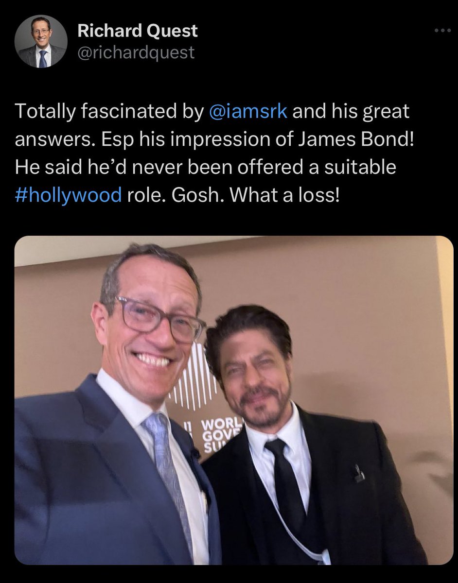 SRKgaurav1's tweet photo. “He said he’d never been offered a suitable #hollywood role. Gosh. What a loss!”

@RichardQuest post conversation with King Khan @iamsrk at the World Governments Summit in Dubai. ♥️🔥 https://t.co/4gTYsTGmIj