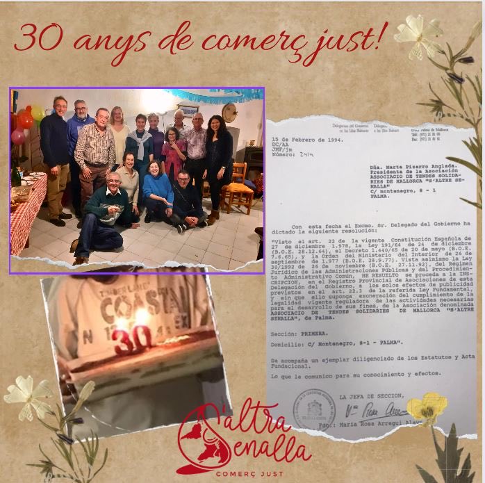 S'ALTRA SENALLA (@senallasaltra) on Twitter photo I voltros? Què feieu fa 30 anys? A Palma es constituïa S’Altra senalla i estam de festa! Aquí, alguns dels fundadors i d’altres que són futur. Acompanya’ns: pots fer-te soci, voluntari i/o comprar comerç just saltrasenalla.org <a href="/CEComercioJusto/">Coordinadora Estatal de Comercio Justo</a> <a href="/EquitablesCJ/">Equitables Coordinadora CJ</a> I voltros? Què feieu fa 30 anys? A Palma es constituïa S’Altra senalla i estam de festa! Aquí, alguns dels fundadors i d’altres que són futur. Acompanya’ns: pots fer-te soci, voluntari i/o comprar comerç just saltrasenalla.org <a href="/CEComercioJusto/">Coordinadora Estatal de Comercio Justo</a> <a href="/EquitablesCJ/">Equitables Coordinadora CJ</a>