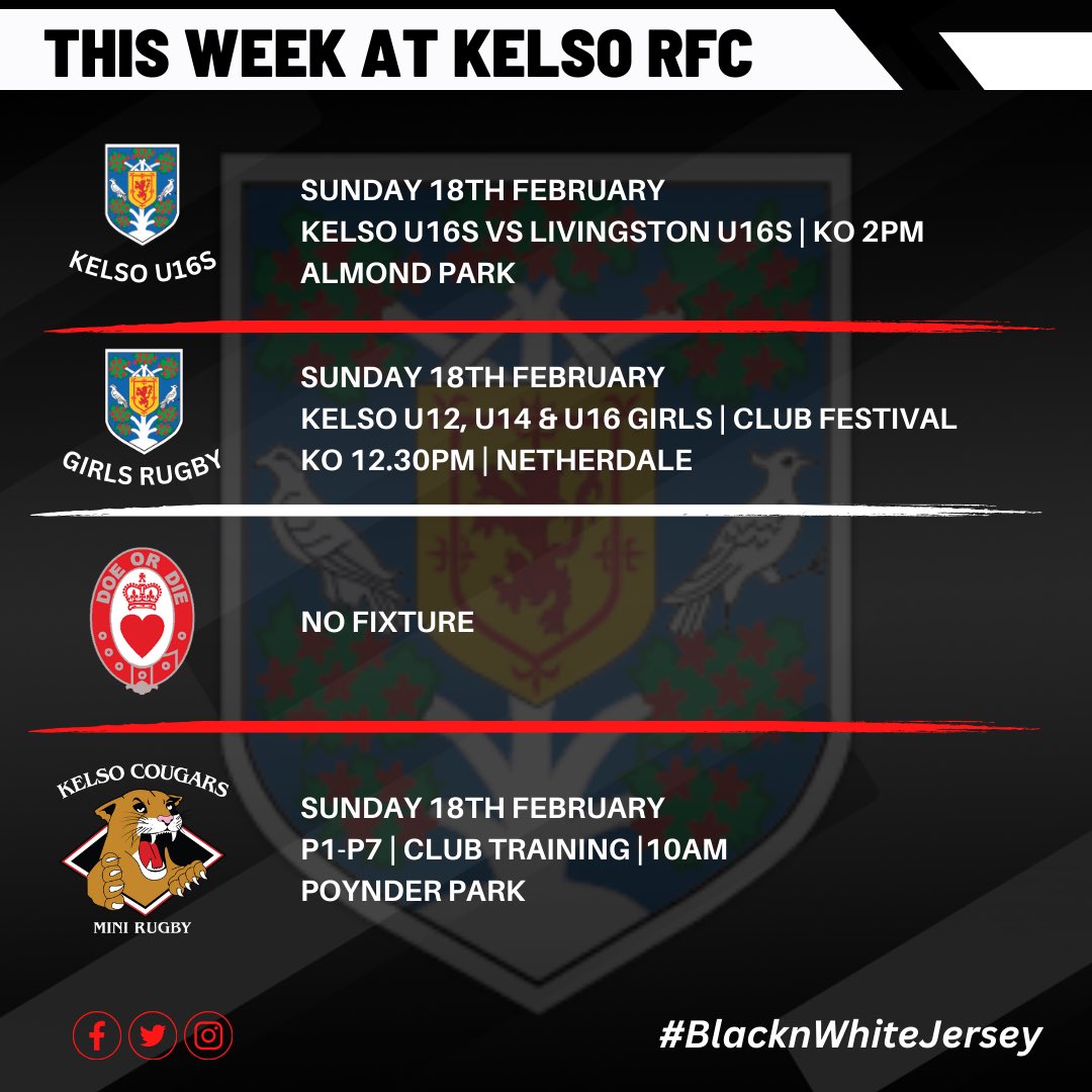 ⚫️⚪️ THIS WEEKS FIXTURES ⚫️⚪️ Fixtures for this week are below ⬇️ ⚫️⚪️ #OneClub #OneCommunity #blacknwhitejersey