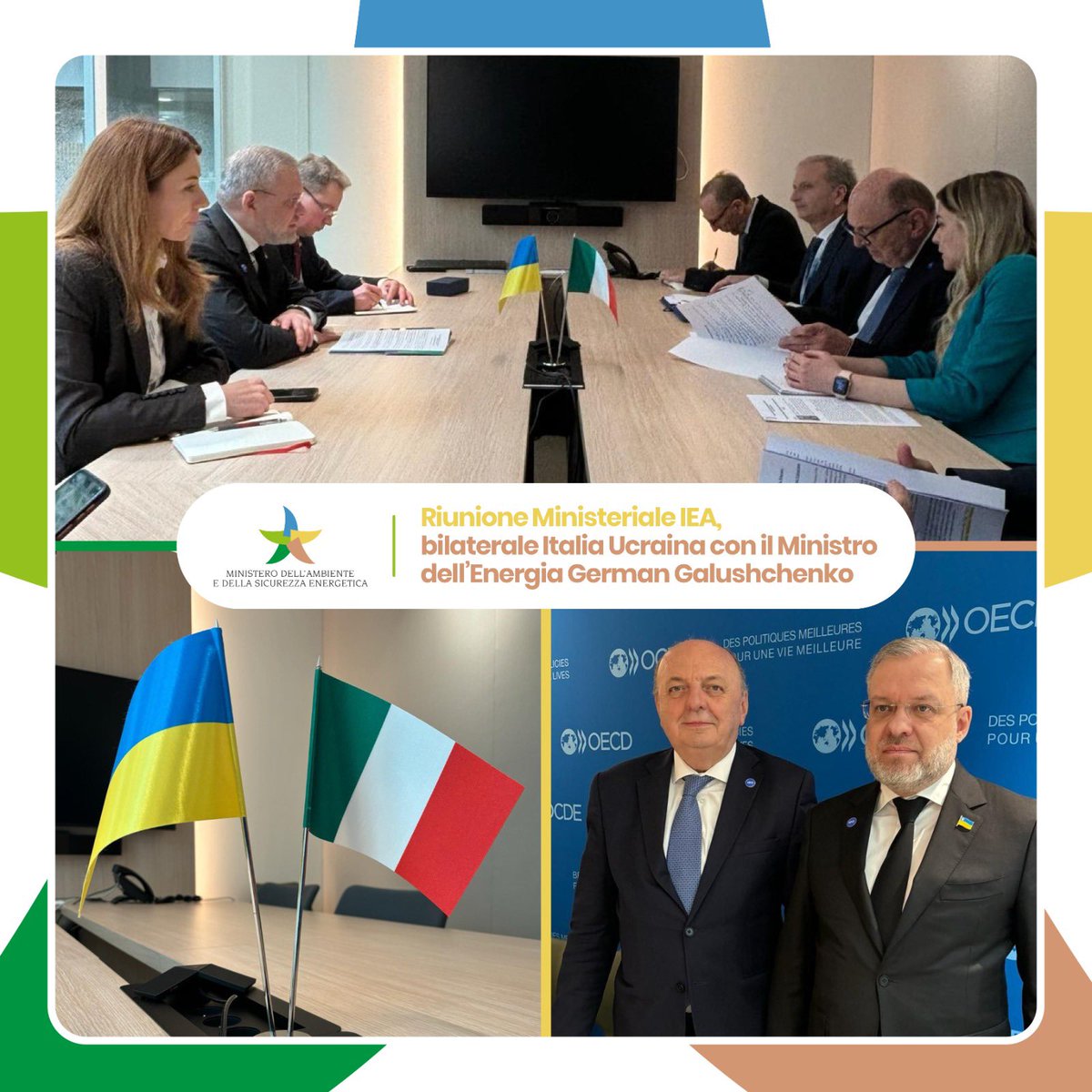 Il Ministro @GPichetto ha avuto un incontro bilaterale con il Ministro dell'Energia ucraino @G_Galushchenko nel corso della #IEAMinisterial. Tra i temi discussi, gli impegni internazionali dell’Italia per la ricostruzione e la protezione di ambiente ed ecosistema in Ucraina.