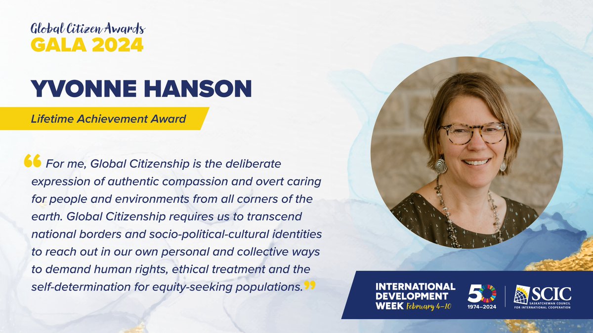 A huge congratulations to the recipient of this year's SCIC Global Citizen Award for Lifetime Achievement, Yvonne Hanson! #saskcic #GoForTheGoals #idw2024 #saskatchewan #GlobalCitizenship #sdgs2030 #internationaldevelopment #VisezLesObjectifs