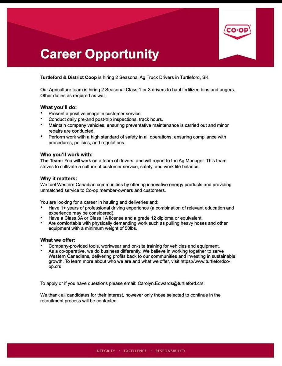📣JOB ALERT📣
Looking for a seasonal driver in NW SK 👇👇👇
<a href="/Turtlefordcoop/">Turtleford & District Co-op</a>
#agjobs 
#saskjobs 
#fertilizer 
#TruckDriver