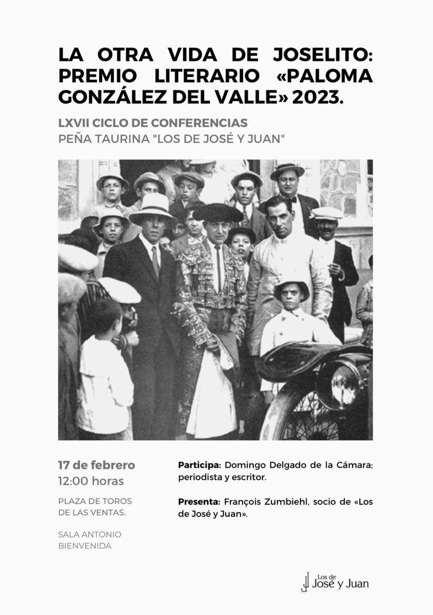 Los de José y Juan (@losdejoseyjuan) on Twitter photo 🟢La otra vida de Joselito, con Domingo Delgado de la Cámara, ganador del Premio Literario Paloma González del Valle 2023.
🗓️Sábado 17 de febrero a las 12:00h.
📍Plaza de toros de Las Ventas. Sala Antonio Bienvenida.
#Toros #Tauromaquia <a href="/LasVentas/">Plaza de Las Ventas</a> 🟢La otra vida de Joselito, con Domingo Delgado de la Cámara, ganador del Premio Literario Paloma González del Valle 2023.
🗓️Sábado 17 de febrero a las 12:00h.
📍Plaza de toros de Las Ventas. Sala Antonio Bienvenida.
#Toros #Tauromaquia <a href="/LasVentas/">Plaza de Las Ventas</a>