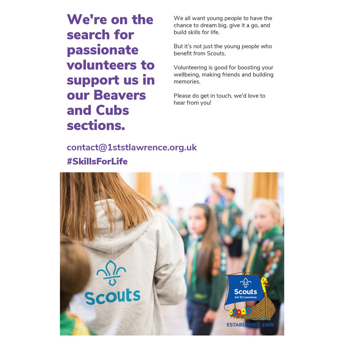 1stStLawrence's tweet photo. We're on the search for passionate volunteers to support us in our Beavers and Cubs sections. If you think this could be you, please do get in touch with us, we'd love to hear from you! https://t.co/dy4Gv60lDa